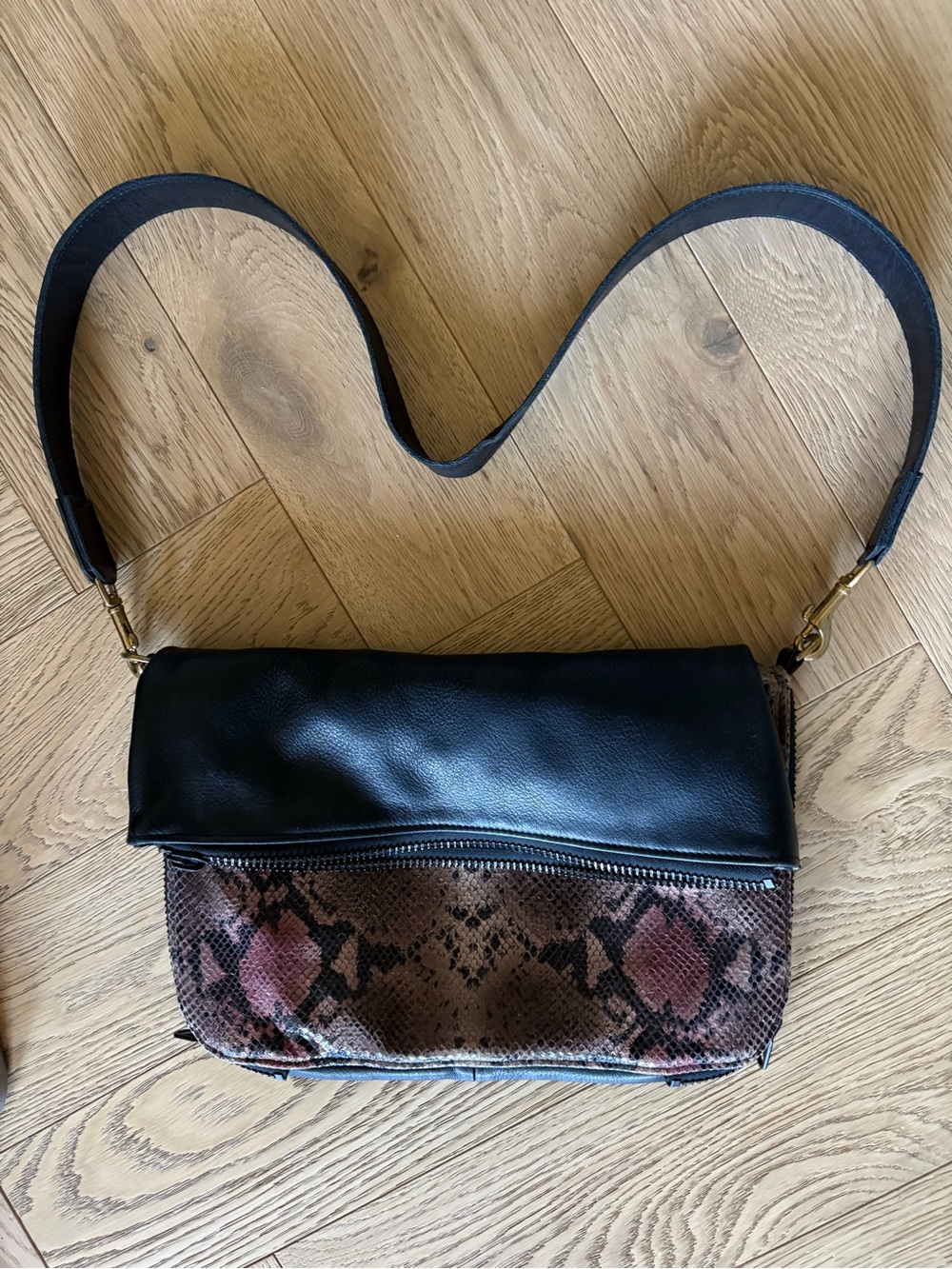 Black & Burgundy Snake-Print Foldover Crossbody Bag